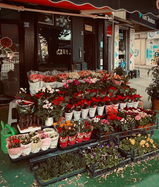 An outdoor flower shop display in Crouch End, N8, showing a variety of fresh flowers arranged in white and black plastic buckets and crates. The arrangement includes bright red roses, pink tulips, whi