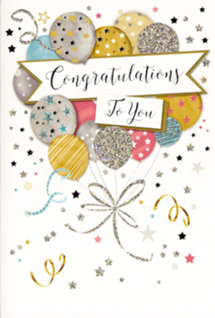 The card in the image offers a vision of celebration that feels both timeless and very much at home in Crouch End's creative, village-like atmosphere. A central arrangement of illustrated balloons forms the focal point, layered so closely together that they resemble a bursting bouquet, ready to take flight. Each balloon is rendered in a complementary palette of soft metallics and pastels: warm gold, elegant silver, champagne, airy sky blue, gentle blush pink, and a quiet grey. Their surfaces are embellished with tiny star motifs, delicate stripes, and subtle glittering textures that suggest a refined sparkle rather than anything loud or brash. The balloons appear to glow softly, as if touched by warm indoor light during an evening celebration near Crouch End Clock Tower. From their gathered bases, fine ribbons in shimmering gold and silver fall in loose curls, twisting and overlapping like the tails of gift wrap or the finishing touches on a florist-tied bouquet from a nearby shop. The background is a light, neutral shade scattered with small starbursts, dots of metallic ink, and swirling curls that echo the motion of confetti swirling in the air, adding dynamism without overpowering the central image. Cutting horizontally through the centre of the balloon cluster is a graceful, gently curved banner. Its soft shading gives the illusion of gentle movement, as if it were fluttering lightly. On this ribbon-like banner, the phrase Congratulations To You is written in elegant, flourished calligraphy, the letters flowing beautifully across the space. The card exudes a sense of polished joy, ideally suited for celebrating promotions, exam results, and personal triumphs for friends and family in Crouch End, when you want your congratulations to feel as thoughtfully composed as a fine bouquet.