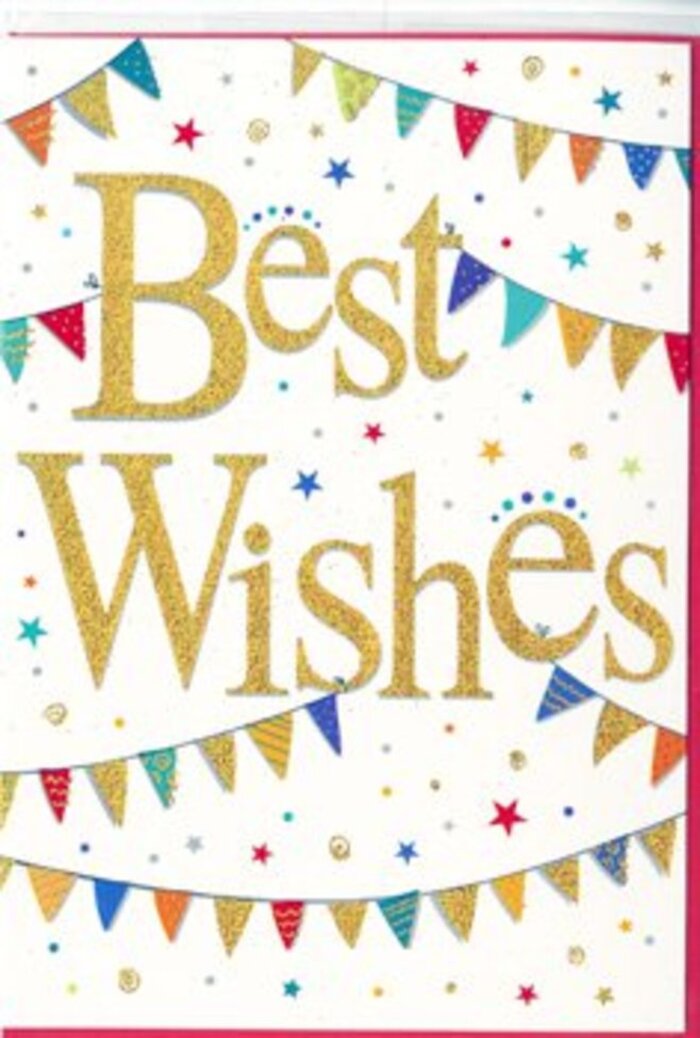 This white congratulations card is alive with gentle motion and colour, echoing the easy, artistic spirit of Crouch End. The phrase Best Wishes sits proudly in the centre, written in broad, curling script that gleams with golden glitter. The letters appear slightly raised, giving them a tactile quality, like they've been hand-embossed with care in a small local studio just off Park Road. The gold is rich but mellow, standing out clearly against the smooth, matte white surface of the card. Encircling this central message, strands of bunting swoop in soft curves from edge to edge, suggesting the relaxed hang of fabric flags drifting in a slight breeze at a community event by the Clock Tower. Each tiny pennant is a neat triangle in a vivid colour-deep blues, bright reds, lemon yellows, leafy greens, and rosy pinks-and many carry small decorative details: dots, stripes, or repeating mosaic-like shapes that add a handcrafted charm. Between the bunting lines, clusters of delicate stars and dot-shaped confetti scatter across the background. Some of these accents have a metallic shine, others are matte, creating a subtle layered effect that draws the eye around the composition. Yet, there is still abundant white space, allowing everything to breathe and keeping the design fresh and modern. The feeling this card conveys is one of warmth, encouragement, and delight, suitable for congratulating someone on a promotion, a new home in N8, or a personal milestone. Imagined with a bouquet from Flower Delivery Crouch End, it becomes a complete gesture of support-a simple yet sparkling way to say, with sincerity, I'm wishing you all the very best.