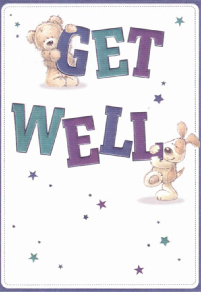In this charming get well card illustration, the sentiment feels as comforting as a cosy corner café in Crouch End on a cool afternoon. Dominating the centre are the words GET WELL, drawn in chunky, rounded block letters that look soft rather than sharp, coloured with a gradient of inky purple, deep teal, and sea-green hues. Subtle shading and highlights add a sense of volume, making the letters appear to gently rise from a clean off-white background. A lovable teddy bear, rendered in warm golden-brown tones, clings playfully to the top of the word GET, small paws and feet draped over the edges as if lounging on a familiar sofa. Just beneath, a sweet puppy with long floppy ears-painted in soft beige and cream with delicate lines suggesting velvety fur-rests its paws and muzzle against the word WELL, nestling close as if reassuring the recipient. Around the characters, slender starbursts and tiny star shapes scatter in various shades of blue, teal, and violet, like hopeful sparks drifting across the evening sky above Crouch End Hill. The illustration style is gentle and slightly textured, evoking hand-painted watercolour or soft pencil crayon, with no harsh outlines to disturb the soothing mood. The open, uncluttered layout leaves plenty of breathing space around the figures, mirroring the way a well-designed bouquet leaves room for each flower to shine. Emotionally, the card speaks of quiet encouragement and childlike innocence-a perfect companion to a simple, comforting arrangement delivered to someone recovering at home near Priory Park or tucked away behind the independent shops and bakeries off the Broadway.