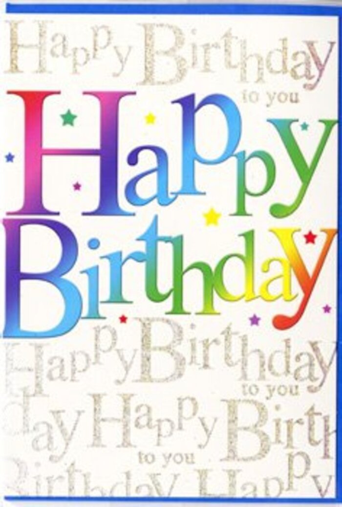 A joyful birthday card fills the frame, its design echoing the relaxed, creative charm of Crouch End. Dominating the front, the words Happy Birthday curve confidently across in large, rounded letters that appear almost cushiony, each one flooded with a silky gradient of colour. The tones shift from deep crimson at one end into bright magenta, then slide into cobalt and turquoise, before settling into leafy green and glowing yellow, like the changing shades of flowers carefully arranged in a celebratory bouquet ready for delivery along Park Road. The colours are richly saturated yet smoothly blended, giving the impression of thoughtful artistry rather than loud flashiness. Around the main greeting, small starbursts and dots in coordinating rainbow hues scatter playfully, evoking confetti falling in slow motion during a birthday toast at a nearby café on The Broadway. Behind this, a repeating layer of graceful gold script spells out Happy Birthday to you in slender, looping handwriting that runs diagonally across the light background. The metallic ink glimmers softly as though catching the soft afternoon light that spills across Crouch End Green, adding depth and sophistication. The background remains pale and uncluttered, allowing the interplay of rainbow letters and golden script to take the spotlight. The card appears to have a smooth, semi-gloss finish, suggesting a card you'd enjoy holding, its surface cool and sleek against your fingertips. The overall mood is one of warm, modern celebration - a design that feels just right for sending heartfelt birthday wishes, especially when tucked alongside a hand-tied bouquet from a trusted local florist, arriving at a friend's door near Priory Park with colour, care, and genuine cheer.
