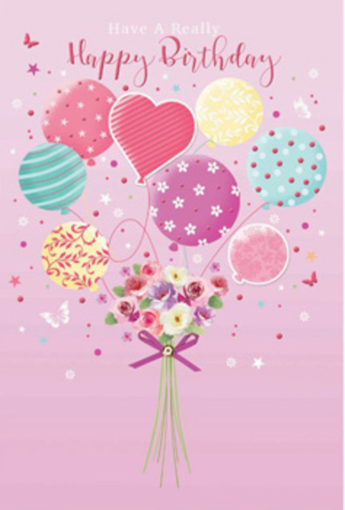 Dreamy birthday card artwork showing balloons lifting a small garden-style bouquet, described from the perspective of an experienced Crouch End florist. Set against a soft, velvety pink background, the composition centres on a hand-tied bouquet that appears to hover just off the ground. The flowers are petite yet abundant-tiny roses, daisy-like blooms, and anemone-inspired flowers in creamy white, blush rose, and gentle mauve, all cuddled together like a posy ready for delivery from Crouch End to a nearby street off Park Road. Each petal is gently shaded, some with deeper tones towards the centre, creating a sense of depth and the soft texture of freshly opened blooms. Their stems are bound by a vivid purple satin bow that glimmers slightly, giving a polished, gift-like finish at the base. Rising from this bouquet, a whimsical cluster of balloons stretches upward, as if pulling the flowers towards the sky above N8. The balloons are rendered in pastel shades-seafoam green, lemon, lavender, teal, and sweet pink-with surfaces that catch the light in subtle highlights and reflections. Some are decorated with twirling, ribbon-like stripes, others with playful spots or stylised floral motifs, and one prominent heart-shaped balloon adds a note of love and tenderness, ideal for a cherished birthday. Around the balloons and blooms, tiny stars and dainty butterflies drift across the pink backdrop, echoing the light-hearted bustle of Crouch End's cafés and independent shops. The atmosphere is airy, cheerful, and slightly magical, like a moment just before guests arrive at a birthday gathering, when the room is quiet, the decorations are in place, and all the joy is waiting to be unwrapped.
