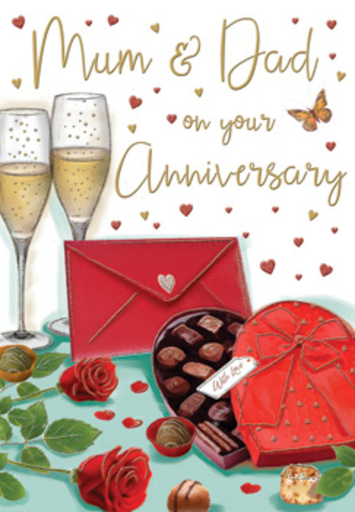 Beautifully detailed anniversary card artwork portraying a rich, celebratory still life that could easily sit on a Crouch End dining table prepared for a special evening. Two plush red roses dominate the foreground, their petals layered in generous curls that suggest softness to the touch, with deeper crimson tones tucked into the centres. The roses are surrounded by carefully illustrated green leaves, their glossy surfaces catching subtle highlights, reminiscent of foliage freshly conditioned in a florist's studio. Next to the flowers lies a heart-shaped chocolate box, rendered in a striking red with a slightly glossy finish, crowned by a wide, sumptuous satin bow; its folds and gentle creases are drawn to convey a sense of luxury and indulgence. The lid is tipped open to reveal neat rows of chocolates, each piece individually shaped, with a few select truffles resting on the tabletop as if laid out for an intimate treat. Behind this arrangement stand two tall champagne flutes, placed very close together, filled with pale golden fizz; delicate streams of bubbles rise within, giving a feeling of quiet celebration. Around the scene float tiny golden and crimson hearts and a graceful, hand-lettered message addressed to Mum & Dad, underscoring that this is a card meant for parents whose love has become a family anchor. Off to one side, a vivid red envelope, cleanly sealed, hints at a handwritten note of appreciation, the kind someone in Crouch End might send when they want their words to feel as thoughtful as their flowers. The background and lighting are warm and gentle, bathing everything in a soft glow reminiscent of early evening light filtering into a home near Alexandra Palace. As a florist familiar with anniversary orders from local residents, I recognise how this artwork combines roses, chocolates, and champagne into a single, heartfelt symbol of enduring partnership.