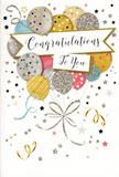 This congratulations card is shown upright, its design a delicate yet joyful tribute to life's proud occasions, much like the warm celebrations that unfold around Crouch End's leafy streets. At the centre, a full cluster of illustrated balloons rises like a bouquet, each balloon overlapping the next to create a rounded, three-dimensional effect. The colour palette blends soft metallic gold and silver with champagne, sky blue, blush pink, and a refined grey, all working together to convey understated glamour. Each balloon bears its own embellishment: some are ringed with thin glittering stripes, others are dotted with tiny metallic stars or sprinkled with fine specks that give the illusion of texture and sparkle when you tilt the card towards the light. Their shapes are smooth and slightly glossy in appearance, as though they might be gently swaying in the air above Crouch End Broadway. From the base of the cluster, slender gold and silver ribbons trail down, curling and looping gracefully, suggesting the carefree movement of streamers at a joyful party. The pale background is scattered with small stars, dots, and swirling motifs that echo the celebratory mood, like confetti slowly settling after an enthusiastic cheer. Across the centre of the balloon bouquet stretches a softly curved banner, its edges delicately shaded to appear as if it is gently lifting from the page. On this banner, the words Congratulations To You are written in graceful, flowing script, the calligraphy both elegant and warmly personal. The overall feeling is one of light, sparkling happiness-the sort of card you'd pair with a beautiful bouquet for a Crouch End neighbour who has just achieved something truly special.