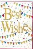 This Best Wishes card presents a clean white background transformed into a quiet, elegant party scene, much like a thoughtfully decorated corner of a Crouch End café ready for a celebration. In the centre, the words Best Wishes are drawn in confident golden script, the curves smooth and flowing, the surface subtly glittered so that it catches light with a gentle shimmer. The gold tone is warm and soft, more like candlelight than sharp metal, which lends the message a hopeful, affectionate feel. Flowing above and below the lettering are strands of colourful bunting, each one arching in a relaxed curve from one side of the card to the other. The tiny triangular flags come in a palette of bright, happy colours-cobalt blue, cherry red, lime green, sunny yellow, and soft pink-some with tiny dots or finely painted stripes that echo handmade decorations you might see at a neighbourhood gathering off Tottenham Lane. Dotted around these banners, clusters of miniature stars and confetti-like circles drift across the white space, creating a gentle sense of movement without overwhelming the eye. The composition is balanced and uncluttered, allowing the gold text to remain the clear focal point. This design radiates encouragement and celebration, fitting for exam results, new ventures, or fresh starts in N8. Imagine a local florist in Crouch End pairing this card with a vibrant bouquet of seasonal flowers, sending it out for same-day delivery so that the recipient feels celebrated and supported. Together, the card and flowers would express a simple but powerful sentiment: warm, sparkling best wishes for the journey ahead.