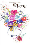Mother's Day card design showing a joyful, free-flowing watercolour bouquet that could easily have been imagined in a sunny Crouch End studio. At the centre of the illustration, full, expressive flowers in cerise, magenta, and bright pink bloom outward, their shapes guided by sweeping indigo lines that suggest petals, curves, and layers without rigid precision. These warmer tones are softened by surrounding blushes of lavender, pale blue, and hints of soft green, creating the sense of a mixed seasonal bouquet arranged by instinct and emotion more than strict rules-much like a hand-tied bunch chosen from a local florist just off Park Road. Fine strands of gold ink skim over some petals and leaves, catching imaginary light and giving a delicate, celebratory shimmer that feels fitting for Mother's Day. The bright white background keeps the composition airy, while scattered splashes of colour and tiny heart icons play at the margins, reminiscent of paint flicks on a studio floor or confetti falling after a shared laugh. The flowers appear to rise from a simple, curved vase, painted with translucent blue-grey washes that echo the looseness of the bouquet, and finished with an elegant golden bow, evoking the rustle of ribbon being tied before a doorstep delivery. The artwork captures both spontaneity and care, mirroring the way love grows and adapts over time. In this card, the colours, shapes, and tiny details all work together to create a painted expression of gratitude and tenderness for a cherished mum in the heart of N8.