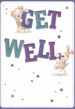 A whimsical illustrated get well card shows two endearing characters-a soft, caramel-brown teddy bear and a floppy-eared cream puppy-working together to present a bright, cheerful message. The words GET WELL are drawn in big, rounded block letters that look almost three-dimensional, shaded in rich indigo, teal, and aqua tones with gentle highlights that make them pop from a clean, creamy white background. The teddy bear leans over the top of the word GET, tiny paws gripping the letters as if peeking playfully over a windowsill, while the puppy balances against the word WELL, muzzle tucked lovingly around the last letter. Their fur is rendered with feathery brushstrokes that suggest softness you can almost feel, like the plush texture of a cuddly toy left on a bedside table. All around them, delicate starbursts and tiny star shapes in soft purples, blues, and turquoise scatter across the card, echoing the sparkle of hope in a crisp evening sky over Crouch End, perhaps just beyond the trees of Priory Park. The layout feels airy and uncluttered, allowing the eye to rest on the friendly faces and bold lettering, much like how a carefully spaced bouquet in a clear vase allows each bloom to breathe. The overall mood is soothing yet uplifting, capturing that tender moment when someone sends a card and flowers to lift a loved one's spirits-something you might pair with a gentle pastel arrangement delivered to a friend recovering at home near Crouch End Broadway or tucked away on a quiet side street off Park Road.