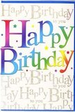 The photo presents a striking birthday card standing upright, as if ready to be placed on a mantelpiece in a Crouch End flat after the candles have been blown out. The central focus is the phrase Happy Birthday, written in large, smooth-edged letters that look gently raised from the surface. Each letter is coloured with a flowing rainbow gradient, moving from rich cherry reds into plums and violets, then through blues and greens to finish in a bright, sunshine yellow, much like a line of festive bunting stretched above a garden party near Crouch End Hill. The blending of shades is seamless and soft, reminiscent of a carefully colour-balanced bouquet from Flower Delivery Crouch End, where every bloom has been chosen to harmonise. Dotted around the bold greeting are tiny star shapes and colourful specks, creating a light confetti effect that brings energy and fun without crowding the design. Behind the main text, a veil of delicate gold handwriting repeats Happy Birthday to you in slender cursive, the metallic ink catching the light just enough to sparkle subtly, like evening light on shopfronts along Middle Lane. This script sits against a light, neutral background, giving the whole design space to breathe. The card's surface appears glossy but not harsh, enhancing the depth of the colours and making the gold script gently reflective. The overall impression is of a card that marries bold, youthful colour with refined detail - a perfect companion to a fresh, bright bouquet delivered around N8, turning a simple birthday greeting into a moment that feels celebratory, cherished, and beautifully thought through.