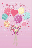 Gentle birthday card illustration with pastel balloons and a floating bouquet, evoking the relaxed charm of a Crouch End celebration. The scene is painted on a smooth pink backdrop that feels as welcoming as an afternoon stroll past the cafés and delis on Crouch End Broadway. At the bottom centre, a compact, hand-tied bouquet seems to lift from the surface, its stems drawn together by a glossy violet satin bow that curves softly at the ends. The flowers themselves are a mix of petite roses, daisy-style blossoms, and anemone-like flowers, coloured in shades of creamy ivory, blush pink, and soft lilac. Their petals appear delicately layered and slightly ruffled, hinting at a gentle fragrance like a freshly arranged birthday bouquet waiting for local delivery to a home near Priory Park. Extending upward from the bouquet is a playful cluster of balloons in pastel hues-sea green, teal, lemon yellow, rose pink, and lavender-each balloon slightly translucent and catching the light with a gentle sheen. The balloons are decorated with different patterns, from swirling candy stripes and scattered polka dots to more intricate floral details, and a single heart-shaped balloon at the centre adds a touch of affection and warmth. Tiny butterflies and starry specks hover in the space around them, as though the air is dotted with confetti and magic dust. The overall composition is light and celebratory, suggesting a birthday that is sweet, thoughtful, and quietly joyful, the kind of occasion where a beautifully illustrated card and flowers from a trusted Crouch End florist make the day feel truly special.