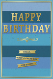 This refined birthday card showcases a harmonious blend of layered blues and luminous gold, the kind of understated yet thoughtful design you might find paired with a bouquet from a local Crouch End florist. The background consists of broad, horizontal bands of blue laid one atop the other, gradually transitioning from a deep navy at the bottom through denim and teal to a softer, airy blue near the top, evoking the gentle fade of daylight around Crouch End's rooftops. Centred on this tranquil gradient, the phrase HAPPY BIRTHDAY is embossed in prominent gold capital letters. Each letter is slightly raised from the surface, catching light with a soft shimmer that gives the message presence and warmth. Just below, a single elegant gold flourish stretches across, like a stroke of fine penmanship. Under that flourish, three slim gold banners are arranged in a neat vertical stack, each one bearing part of the friendly wish: Relax, have a great day and enjoy! The banners appear lightly raised and carefully aligned, adding subtle depth and texture. A narrow gold line frames the entire card, forming a simple yet sophisticated border that makes the design feel complete and considered. The card's surface appears smooth, with the blue tones rendered in a matte finish that enhances the contrast with the gleaming gold. The overall effect is calm, polished, and quietly festive, easy to picture propped beside a fresh vase of birthday flowers in a Crouch End flat or on a café counter along The Broadway, softly reflecting ambient light and setting a gently celebratory tone.
