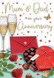 Atmospheric anniversary card design showing a romantic tabletop arrangement that suggests an intimate family toast somewhere in Crouch End. In the foreground lie two richly coloured red roses, their petals unfurling in generous, velvety layers that evoke the touch and fragrance of freshly cut blooms. Their deep crimson tones are framed by smooth, green leaves, sketched with enough detail to suggest their gentle curve and sheen, the way foliage sits in a carefully crafted arrangement. Close by rests an open, heart-shaped chocolate box, its casing a vivid, glossy red, crowned with a full satin bow whose long, flowing tails add a sense of movement and softness. Inside, an inviting line-up of assorted chocolates is visible, with a few individual pieces scattered on the tabletop as though already chosen and savoured by a couple celebrating another year together. Behind this, two slender champagne flutes stand side by side, filled with pale golden fizz, tiny bubbles rising in thin streams to the surface, freezing the moment just before glasses meet in a quiet clink. Scattered daintily across the soft-toned background are tiny hearts in gold and crimson, framing a hand-lettered message to Mum & Dad that makes the scene feel personal and deeply affectionate. A scarlet envelope rests at an angle near the chocolates, hinting at a lovingly composed note, perhaps from grown-up children who live or once lived in Crouch End, wanting to honour the love that steadied their home. Bathed in warm, flattering light, the composition feels both luxurious and homely, like a special evening after a walk through Stationers' Park, capturing the sweetness, romance, and gratitude that accompany a well-loved anniversary.